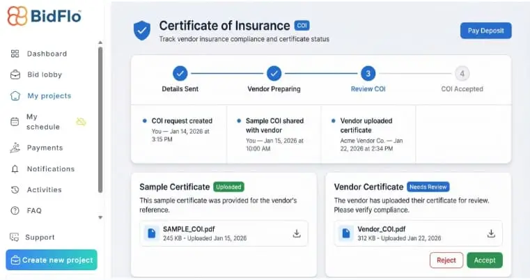 Screenshot of the Certificate of Insurance (COI) management view for vendor-owners