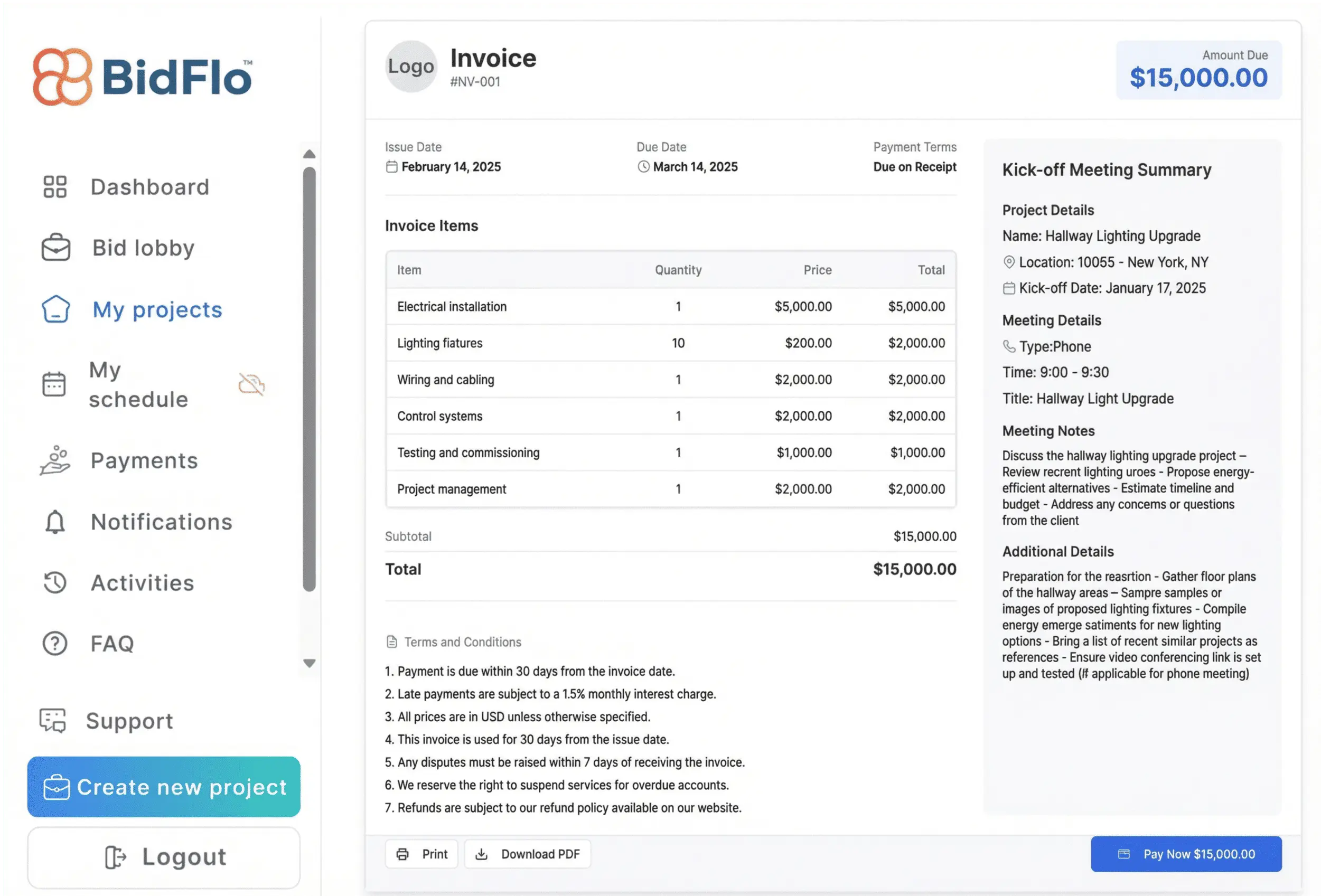 Screenshot of the payments and invoices management screen for a BidFlo vendor