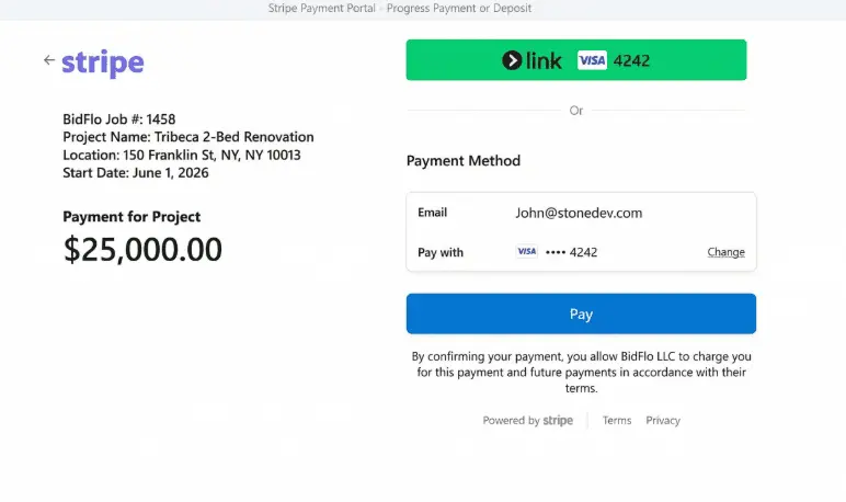 Screenshot of the Stripe payment integration screen for a BidFlo vendor